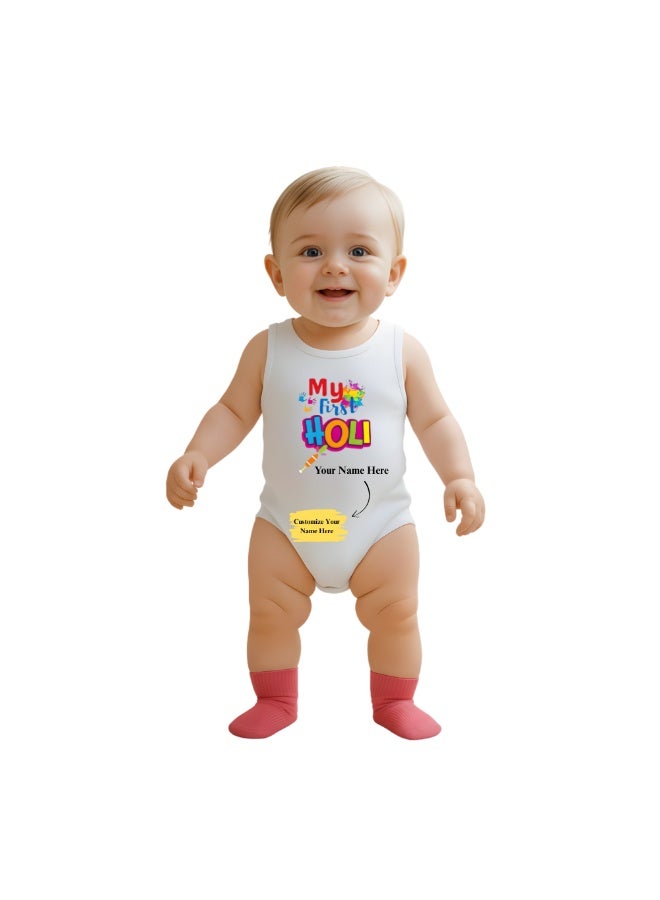 PRINTSHOP4ME Personalized My 1st Holi-Themed Baby Romper - Soft Cotton Fabric-Sleeveless Jumpsuit For Boys And Girls-Comfortable,Lightweight And Breathable Outfit For Festive Celebrations - Image 1